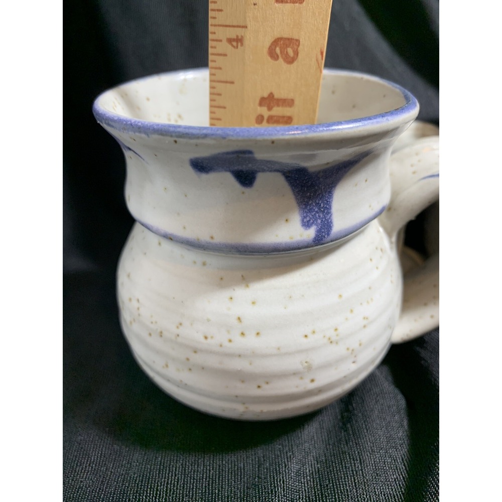 Stoneware Mugs (2) Studio Pottery  Oatmeal speckled Blue drip paint Round belly - Picture 3 of 14